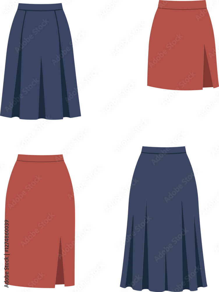 Aufkleber stylish skirts collection in minimal design showcasing various patterns and colors in vector illustr
