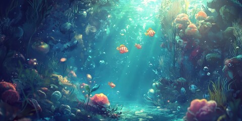 Fototapeta premium An underwater scene depicts colorful fish and coral reefs