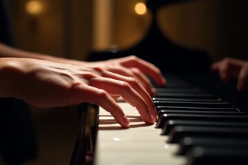 Fototapeta premium a person's hands playing the piano keys.
