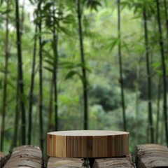 Naklejka premium Bamboo Platform on Rustic Surface with Defocused Bamboo Forest Background