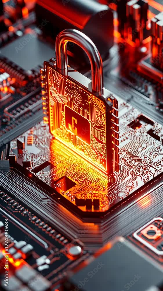 Poster digital security concept featuring a glowing padlock on a circuit board with intricate electronic co
