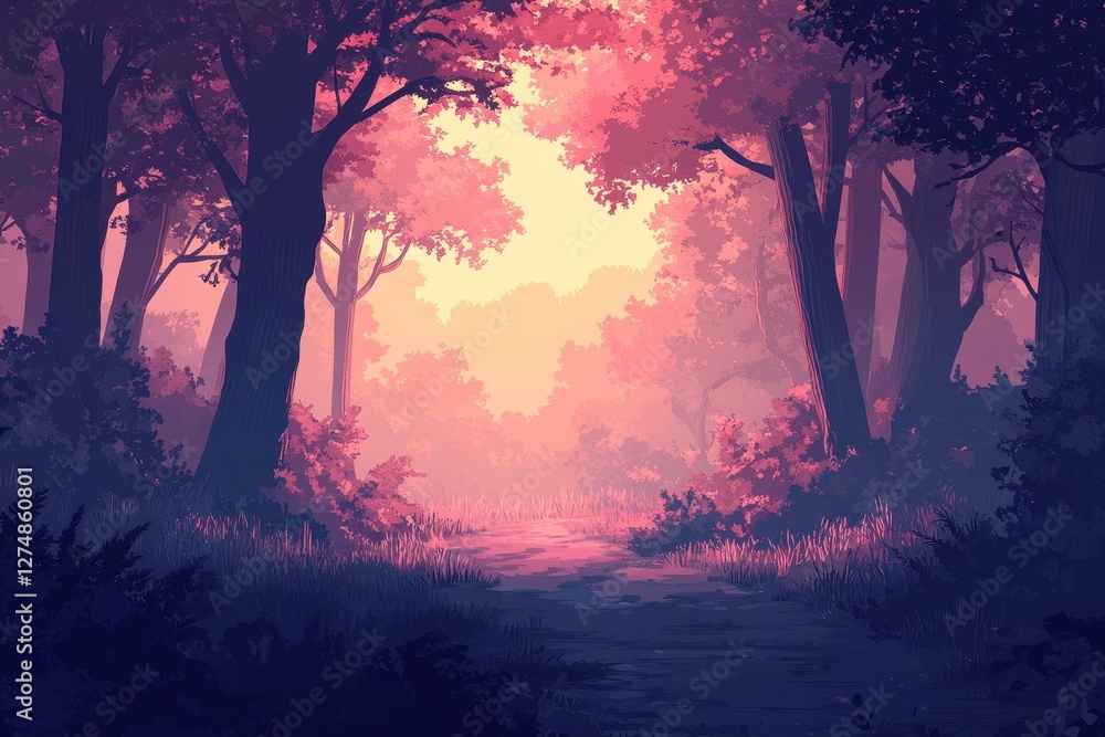 Poster an atmospheric rendering of a forest path at dawn