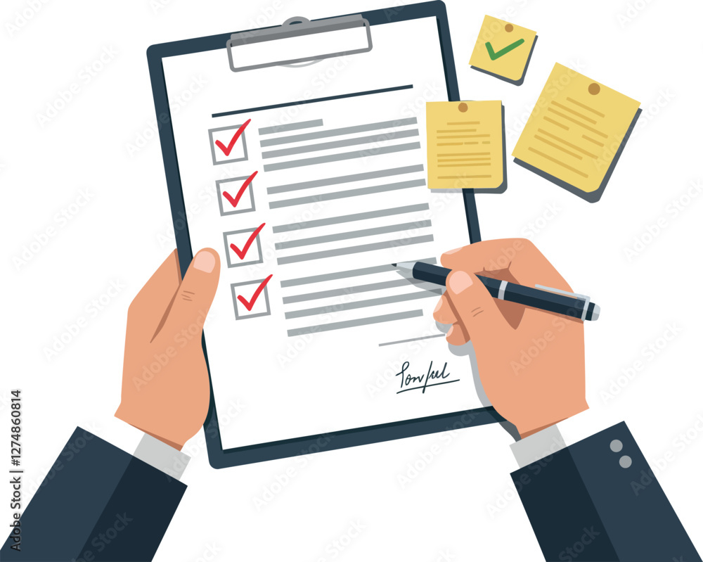 Poster hands holding a clipboard with checklists and notes in a flat vector illustration style