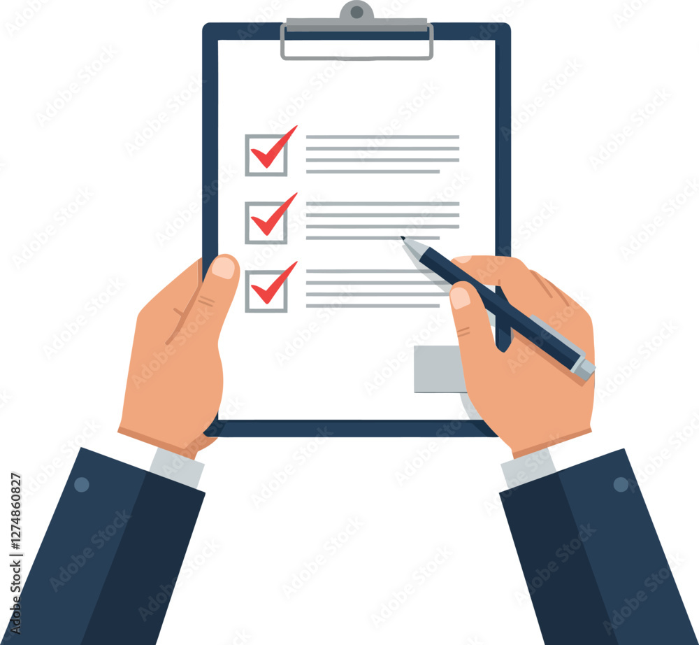 Poster hands holding a checklist with checked boxes in a minimal, flat design vector illustration
