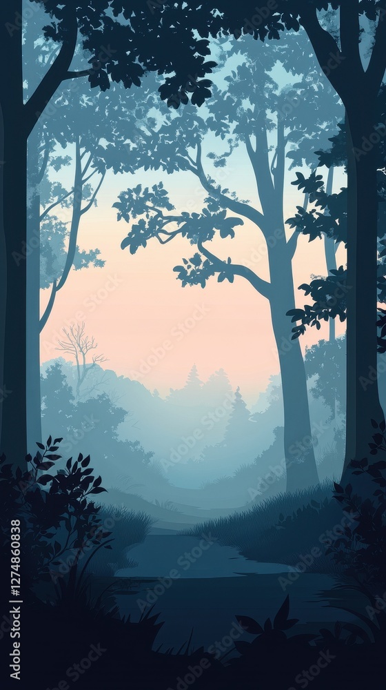 Poster serene forest landscape featuring hazy trees and soft light
