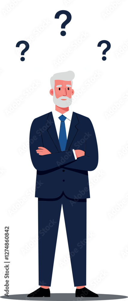 Poster confused businessman in a suit with crossed arms surrounded by question marks in minimal vector illu