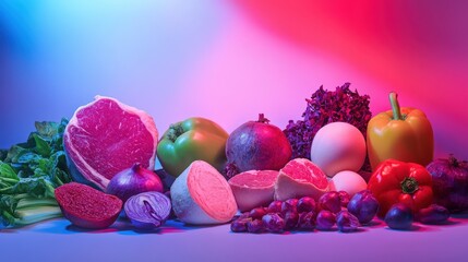 Vibrant display of assorted fresh vegetables and meats arranged artistically on a table