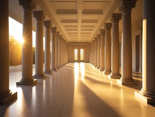 Naklejka premium Grand neoclassical corridor with tall white columns bathed in warm golden sunlight. Majestic architecture featuring depth, symmetry, and historical elegance in a timeless atmosphere