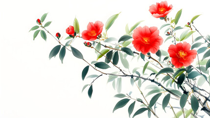 A vibrant Ikebana design featuring red camellias and green bamboo leaves