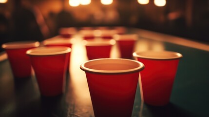 Red Plastic Cups on a Table at a Party, Illuminated by Warm Lighting