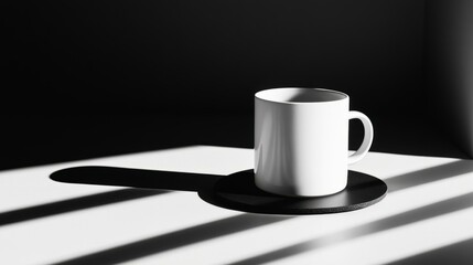  Minimalist white mug on round black coaster with dramatic shadows and modern monochrome lighting
