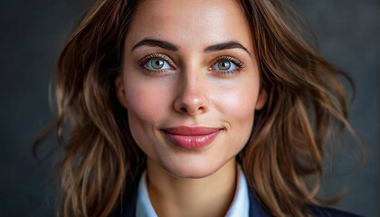 Smiling business woman faceб portrait, brown hair and green eyes