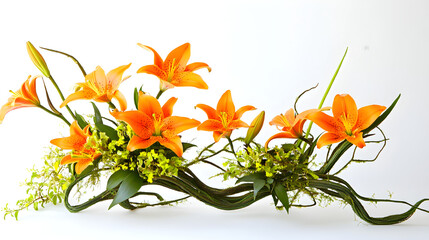 Fototapeta premium A vibrant Ikebana with orange lilies and flowing green vines