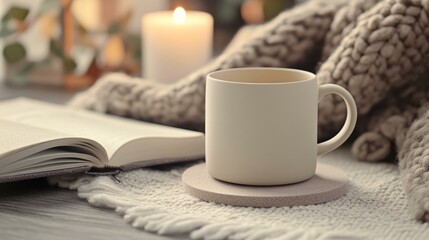  Cozy mug and coaster mockup with book and candle in warm knit setting, ideal for comfort lifestyle branding