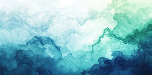 Abstract watercolor painting displays ethereal textures in blues and greens