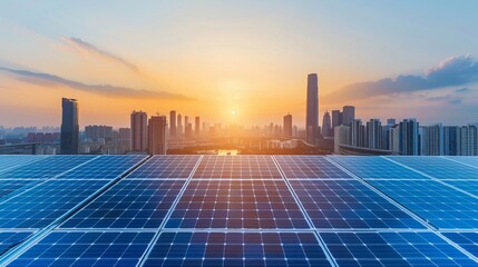 Solar Horizon: A scenic vista featuring solar panels juxtaposed against a modern cityscape during a vibrant sunrise, symbolizing the integration of renewable energy and urban development