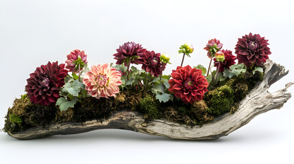An earthy Ikebana with maroon-colored dahlias and mossy bark