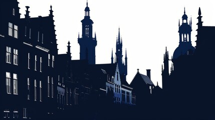 Fototapeta premium Bruges skyline in navy blue silhouette with gothic architecture, perfect for travel and tourism themed projects