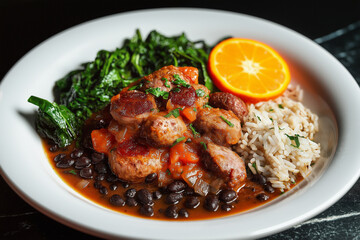 Fototapeta premium Savory Sausage and Black Bean Stew with Rice and Spinach