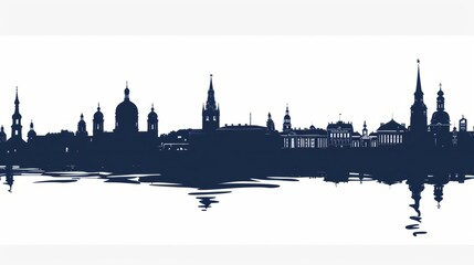 Obraz premium Silhouette of Rostov-on-Don skyline with water reflection showcasing architectural landmarks in dawn ambiance.