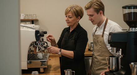 Barista duo making coffee with an espresso machine in a cafe, learning the craft.