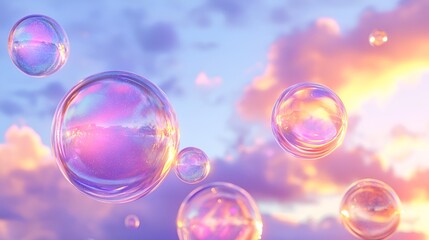 Naklejka premium Colorful soap bubbles floating in a sunset sky