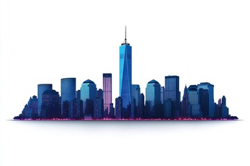 Fototapeta premium Nighttime cityscape illustration, featuring skyscrapers and city lights against a white background.