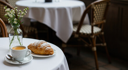Coffee and Croissant:  A delightful breakfast in a quaint outdoor cafe setting.