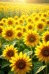 Obraz premium Sunflower field landscape with shiny yellow leaf gold foil texture, botanical, nature, orange