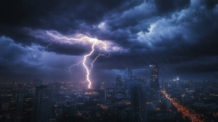 Dramatic lightning strike over city skyline during night storm