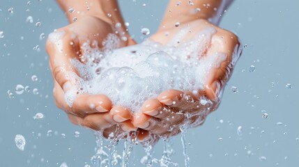 Fototapeta premium Gentle Hands in Cleansing Ritual: A pair of hands cupped together, cradling a generous amount of frothy soap and water, illustrating a moment of purity and cleanliness.
