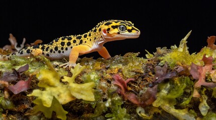 Obraz premium Leopard gecko posing on autumn leaves, black background, studio shot, reptile pet photography
