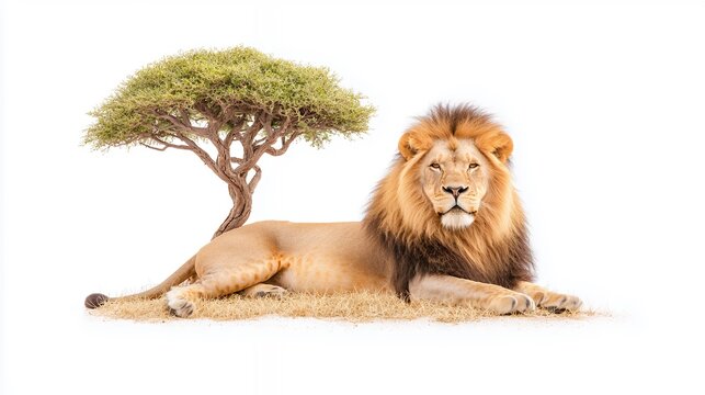 Majestic African Lion Reclining Beneath Acacia Tree, Serene Wildlife Portrait