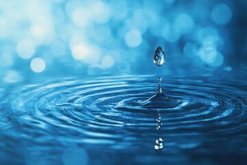 Water droplet falling into water causing ripples and reflection