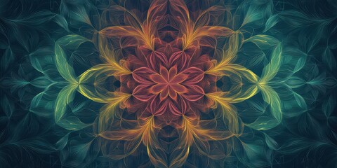 An abstract symmetrical floral design displays warm and cool tones