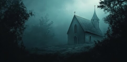 A lone church shrouded in fog stands in dark woods