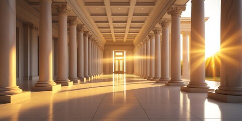 Naklejka premium Elegant classical corridor with tall columns illuminated by warm golden sunlight. Majestic architectural design with depth, symmetry, and historical aesthetics creating a timeless atmosphere