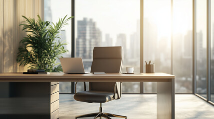 Fototapeta premium A sleek, modern office space with a large wooden desk, a high-end ergonomic chair, and a minimalist aesthetic