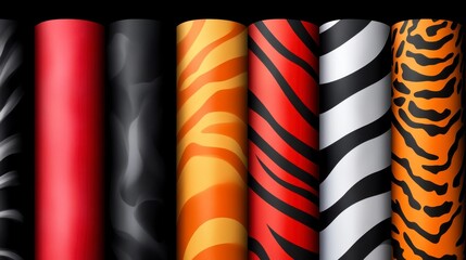 Colorful Textured Fabrics with Animal Print Patterns on Black Background