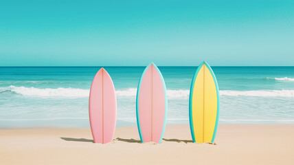 パステルカラーのサーフボードと青い海