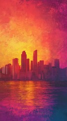 Fototapeta premium Vibrant sunset illuminates the city skyline across the water