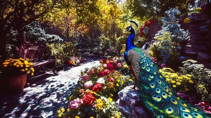 Peacock in Autumn Garden