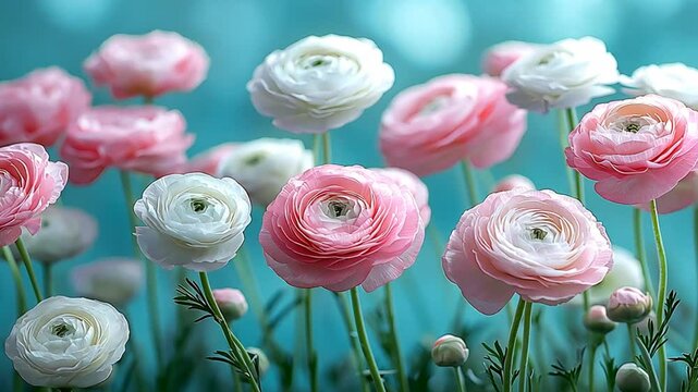 Delicate Pink and White Ranunculus Blossoms in Soft Light, Teal Background