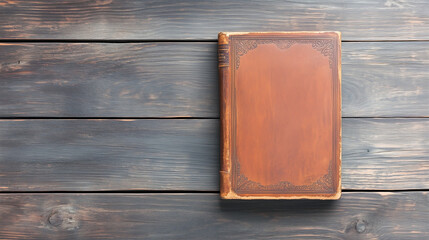 Ornate antique leather-bound book with embossed details on dark wood