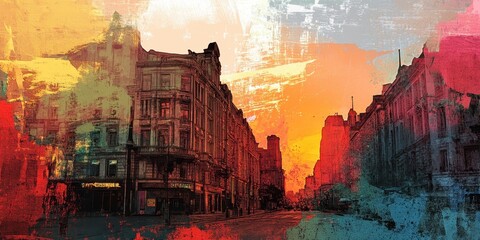 Artistic rendering of a city street with historic buildings