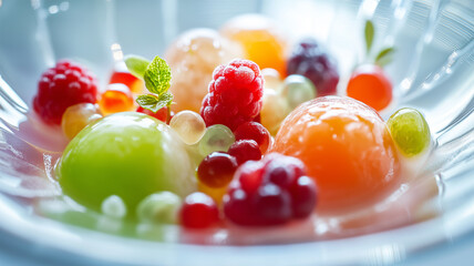 透明なガラスの器に映えるフルーツを使ったモ.
