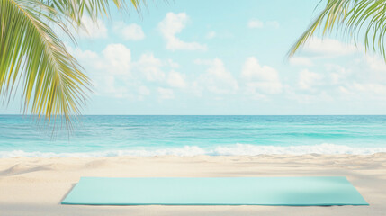 Obraz premium Serene beach yoga setup with blue mat surrounded by palm trees against ocean backdrop