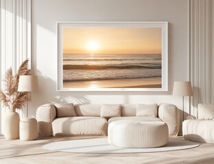 Coastal sunset canvas art in serene living room