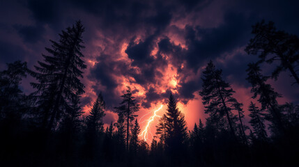 Majestic trees silhouetted in dramatic stormy sunset with lightning strikes against purple-orange sky