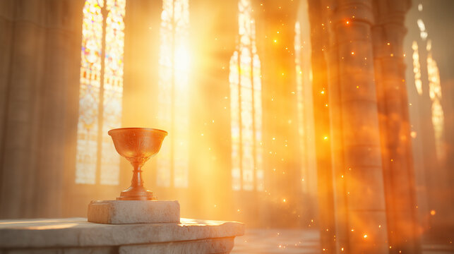 Sacred golden chalice on ornate marble altar in sun-dappled church interior with stained glass backdrop